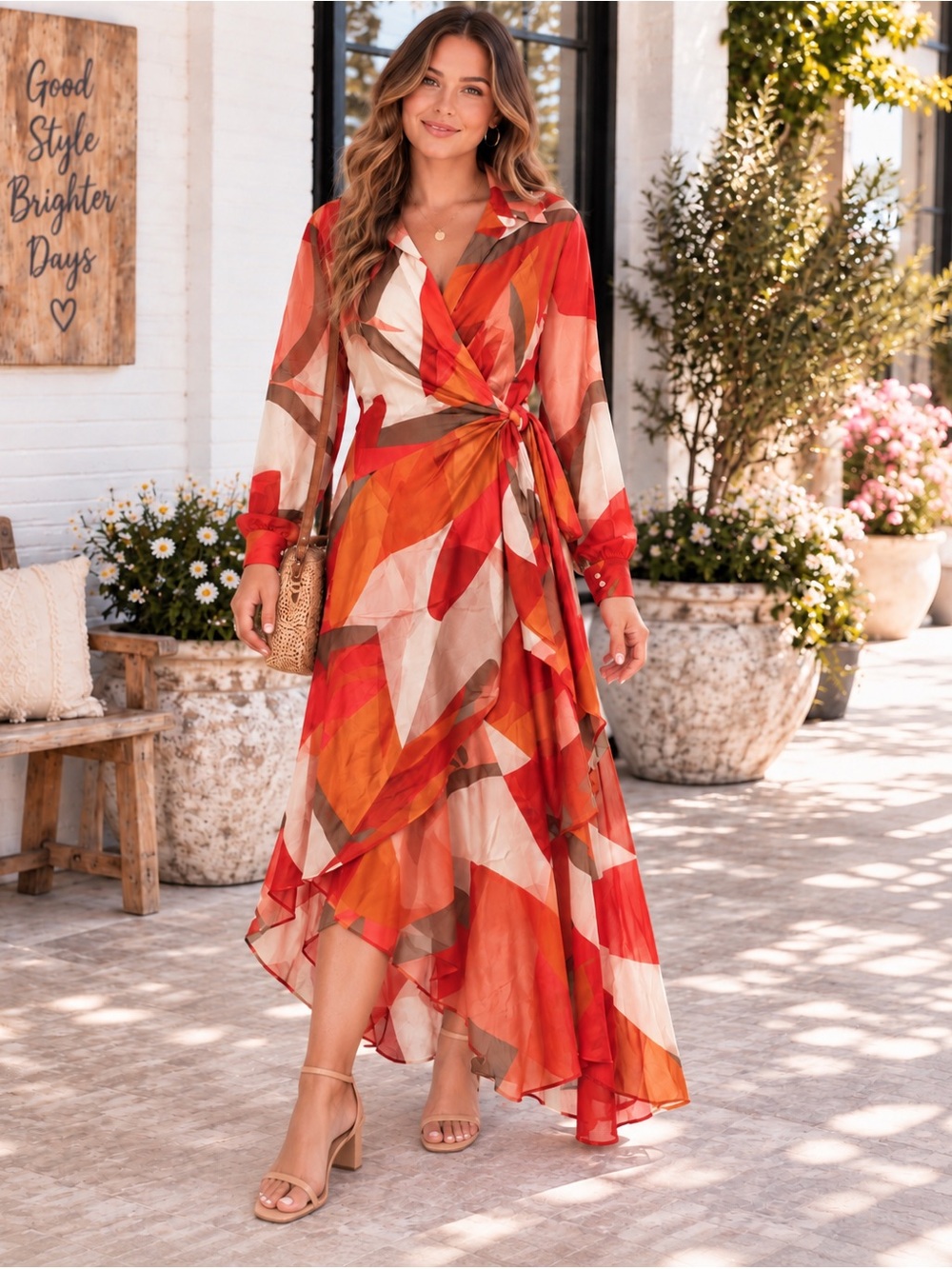 Chic Me Wrap Front V-Neck Long Sleeve Abstract Print Midi Dress - Red Multi